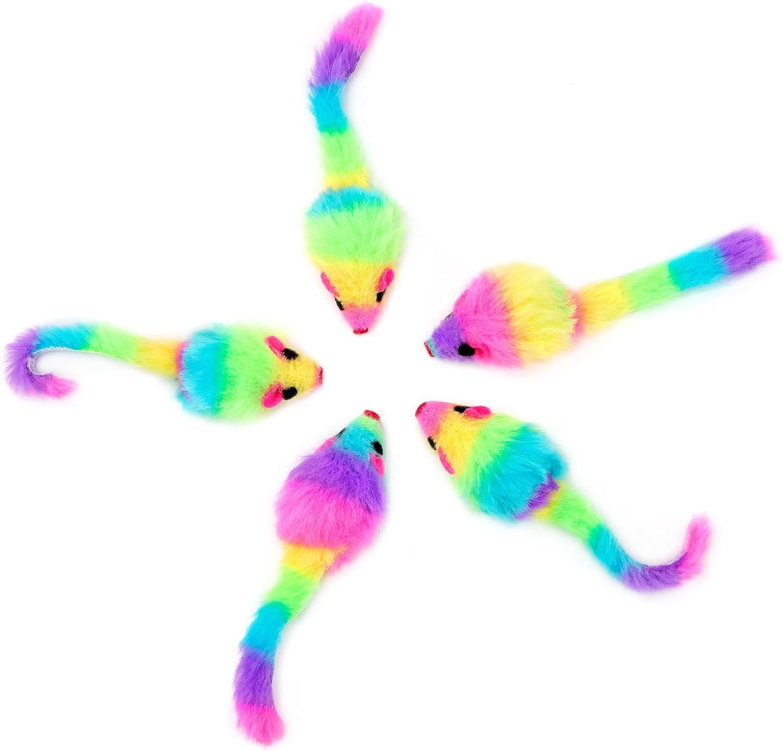 CHIWAVA 36PCS 1.8" Rainbow Color Furry Cat Toy Mice with Rattle