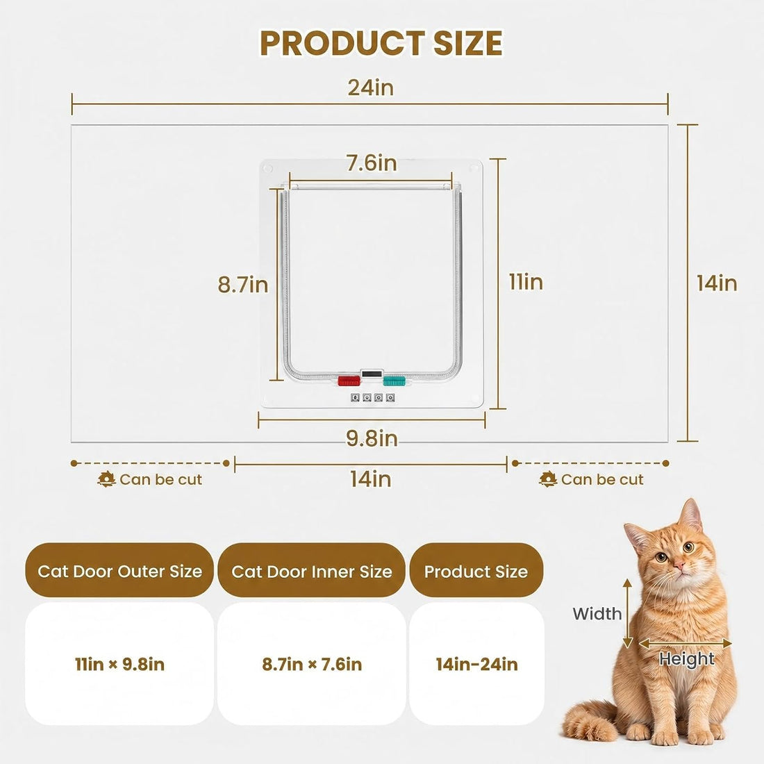 Cat Door for Window Insert, Fits 14-24 Inch, Clear Plexiglass