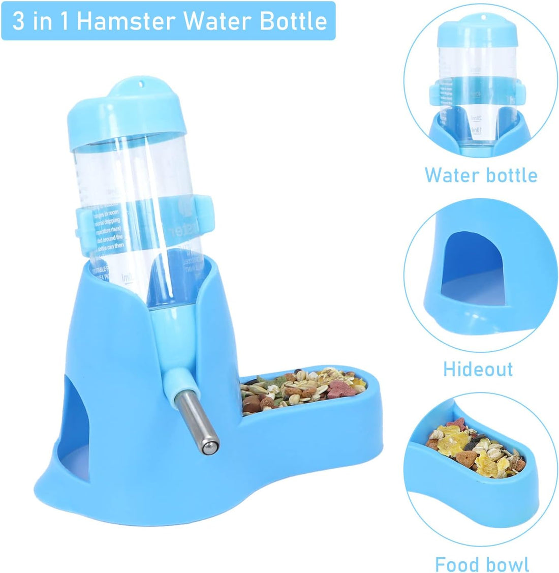 Wontee 3 in 1 Hamster Water Bottle with Food Bowl Hideout Base