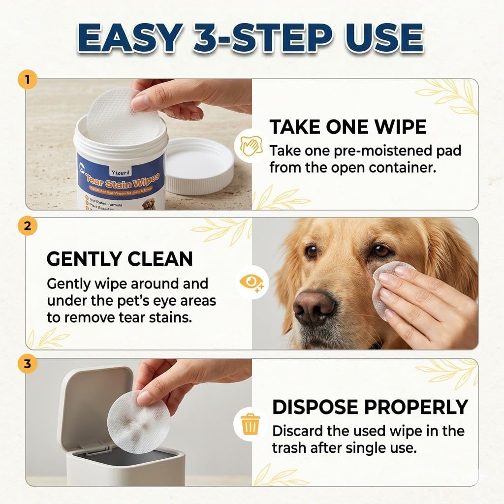 Dog Eye Wipes, 200 Count, Soft Round Tear Stain Pads