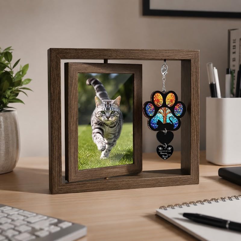Pet Memorial Gifts for Loss of Cats- 360° Rotating Wooden Photo Frame