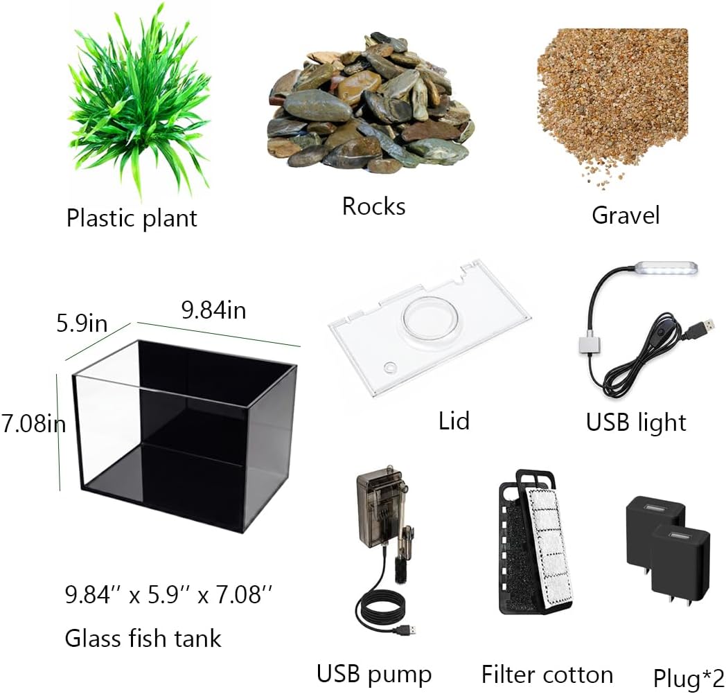 1.8 Gallon Fish Tank with Light,Filter,Lid,Landscape Accessories