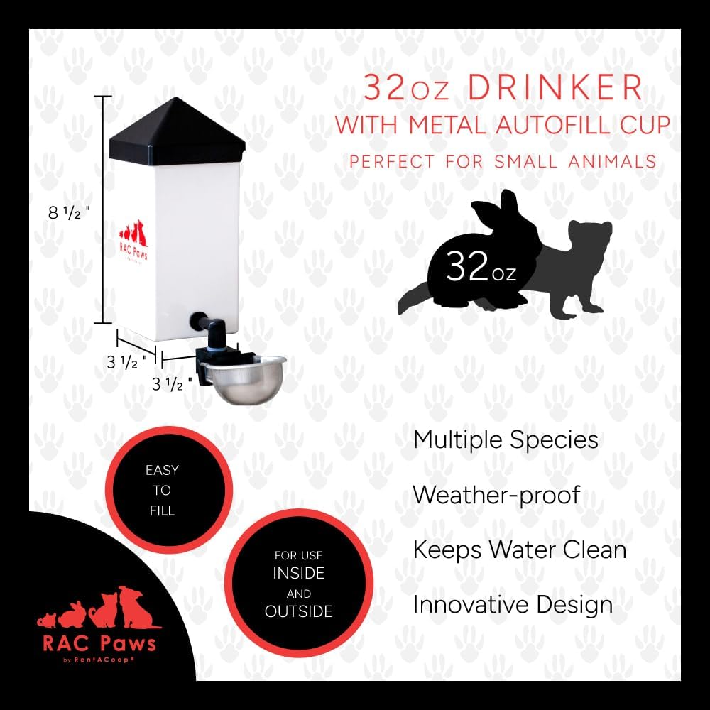 RentACoop 32oz Small Animal Drinking Bottle with Auto-Fill Metal Cup