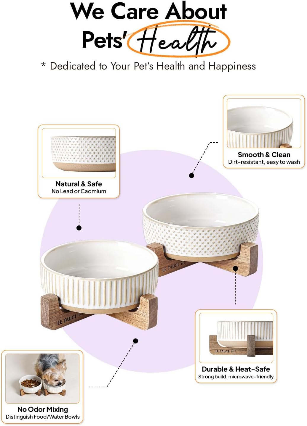 LE TAUCI PET Ceramic Dog and Cat Bowl Set with Acacia Wood Stand