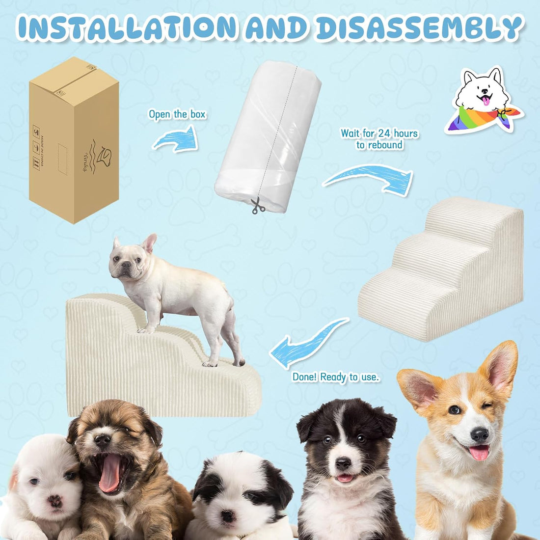 Mesa Lemon 3 Step Dog Stairs Pet Ramp for High Beds, Sofas and Cars