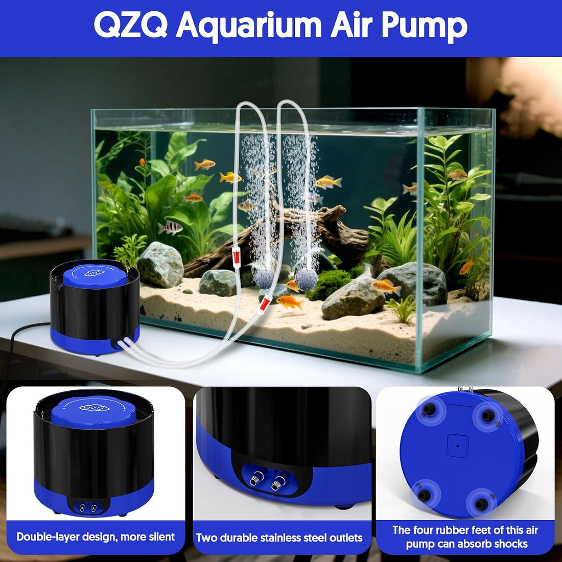 QZQ Aquarium Air Pump, Quiet Fish Tank Air Pump with Dual Outlets