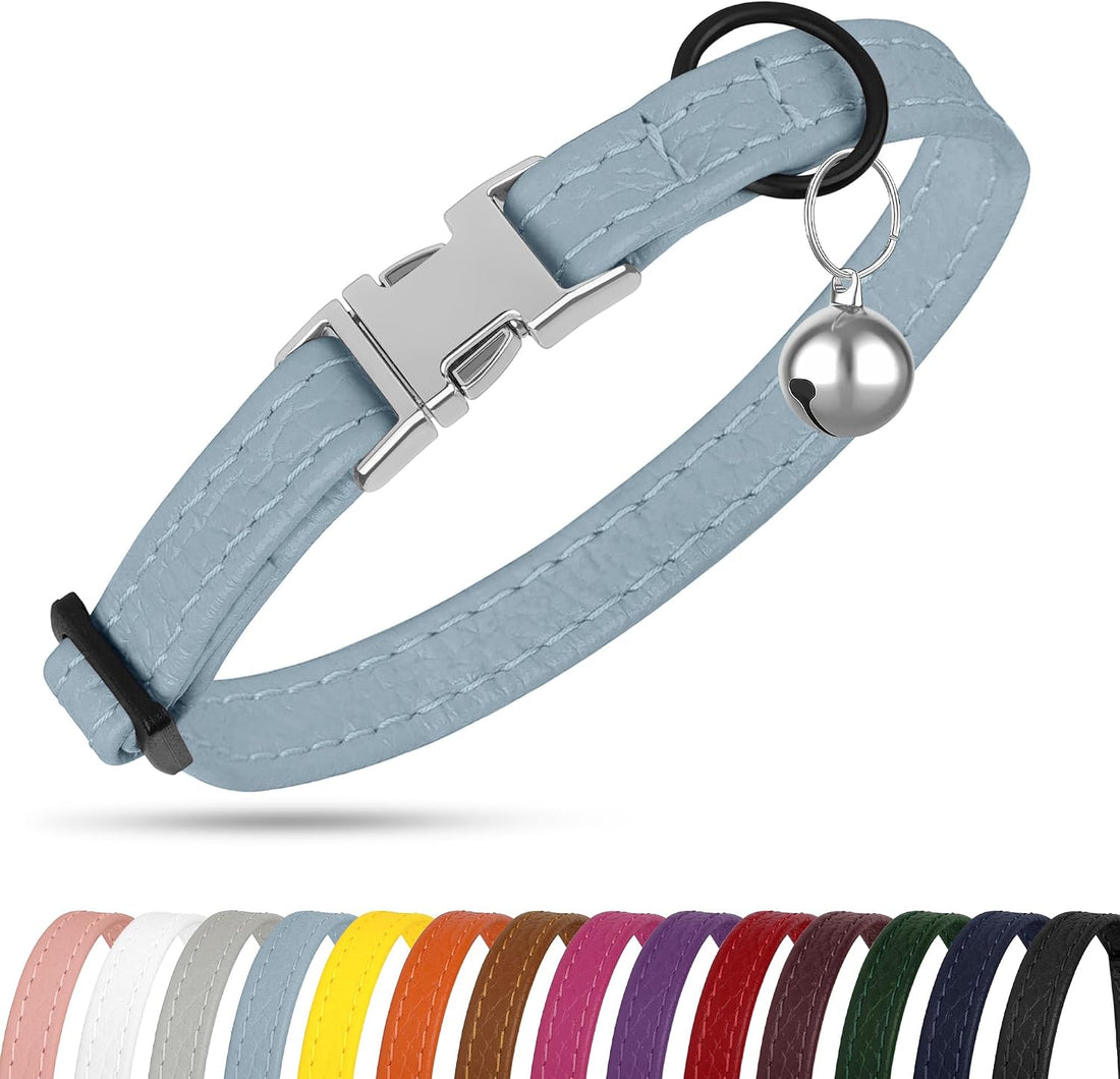 Leather Cat Collar with Buckle and Removable Bell