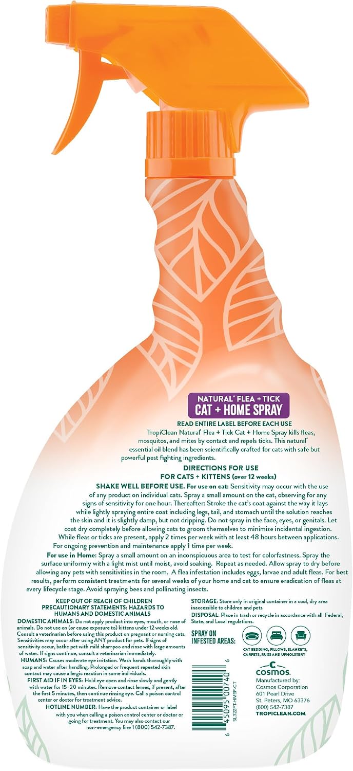 TropiClean Flea and Tick Treatment Spray for Cats & Home, Safely Treat