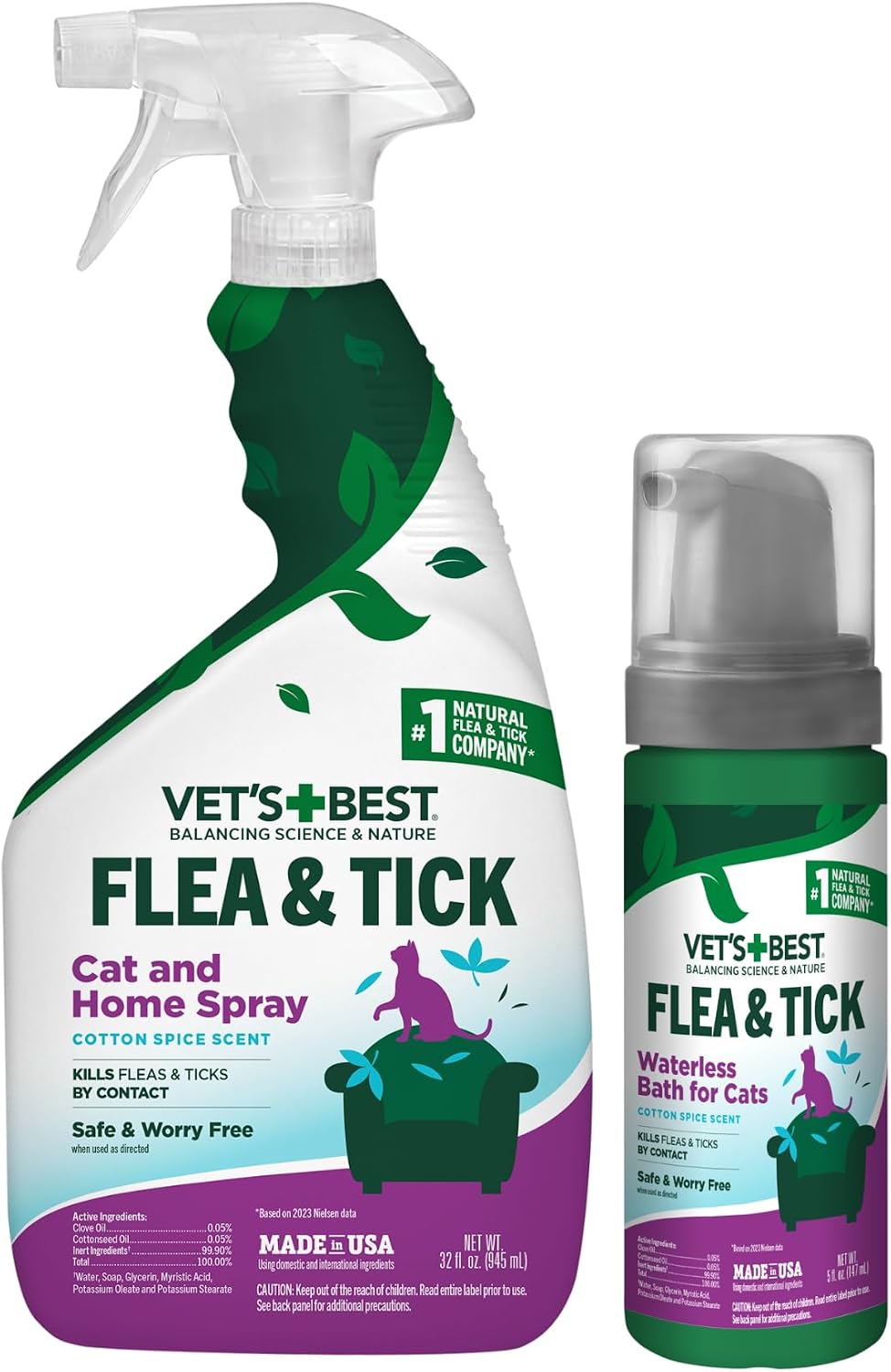 Vet's Best Cat Flea & Tick Spray 32 oz & Waterless Bath 5 oz Bundle