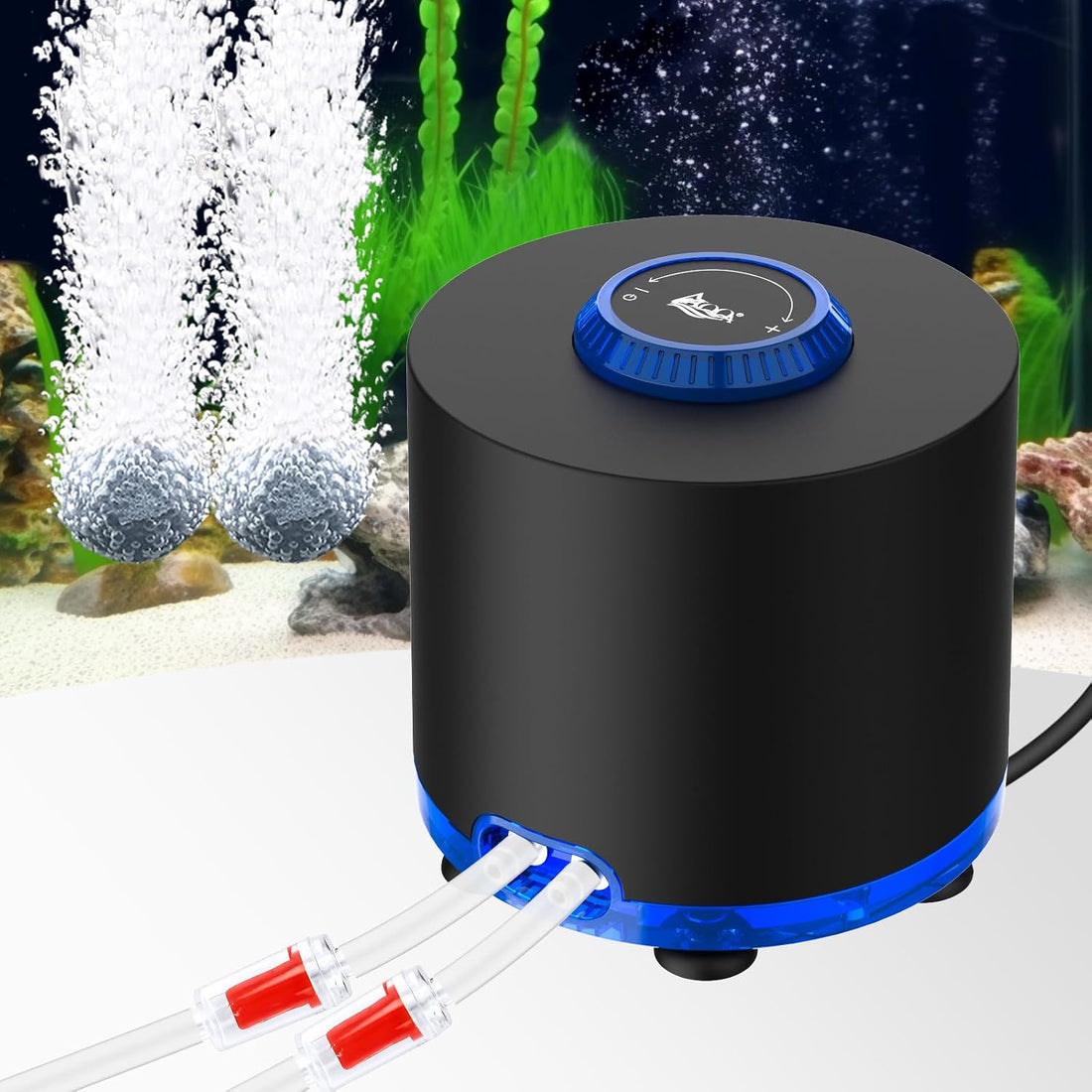 AQQA Aquarium Air Pump, 3W Powerful Dual Outlet Adjustable Oxygen