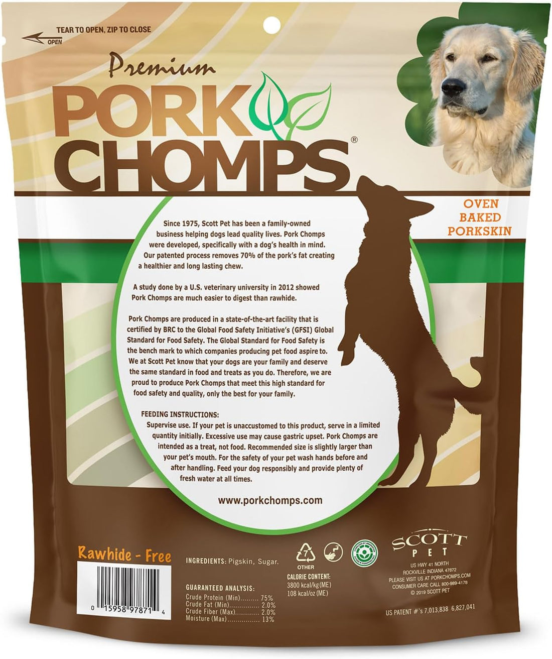 Pork Chomps Baked Pork Skin Dog Chews, 3-inch Chips, 12oz Bag
