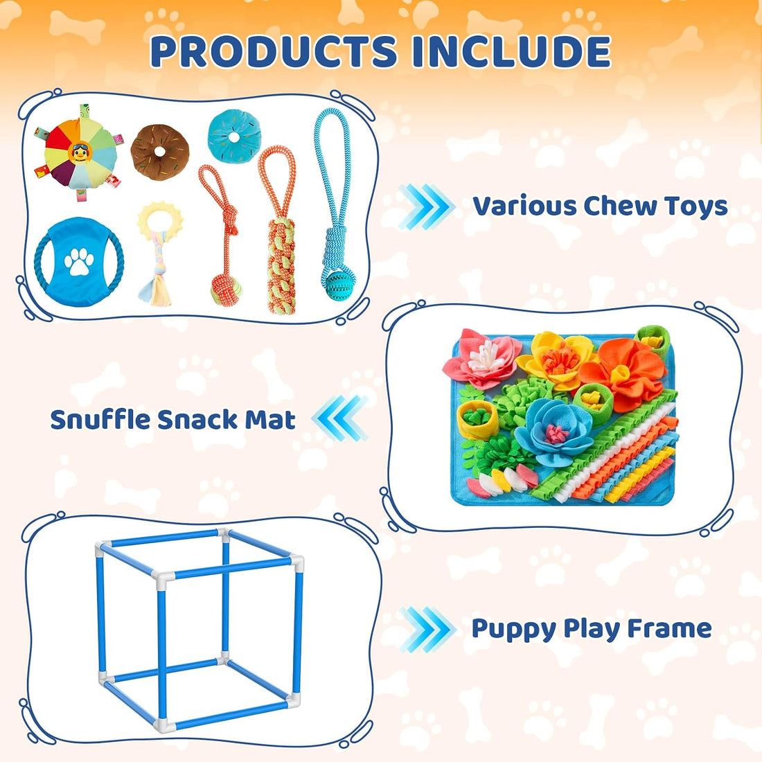 Puppy Play Gym & 8 Toys (Blue,19.6″ x 19.6″ x 19.6″) with Snuffle Mat