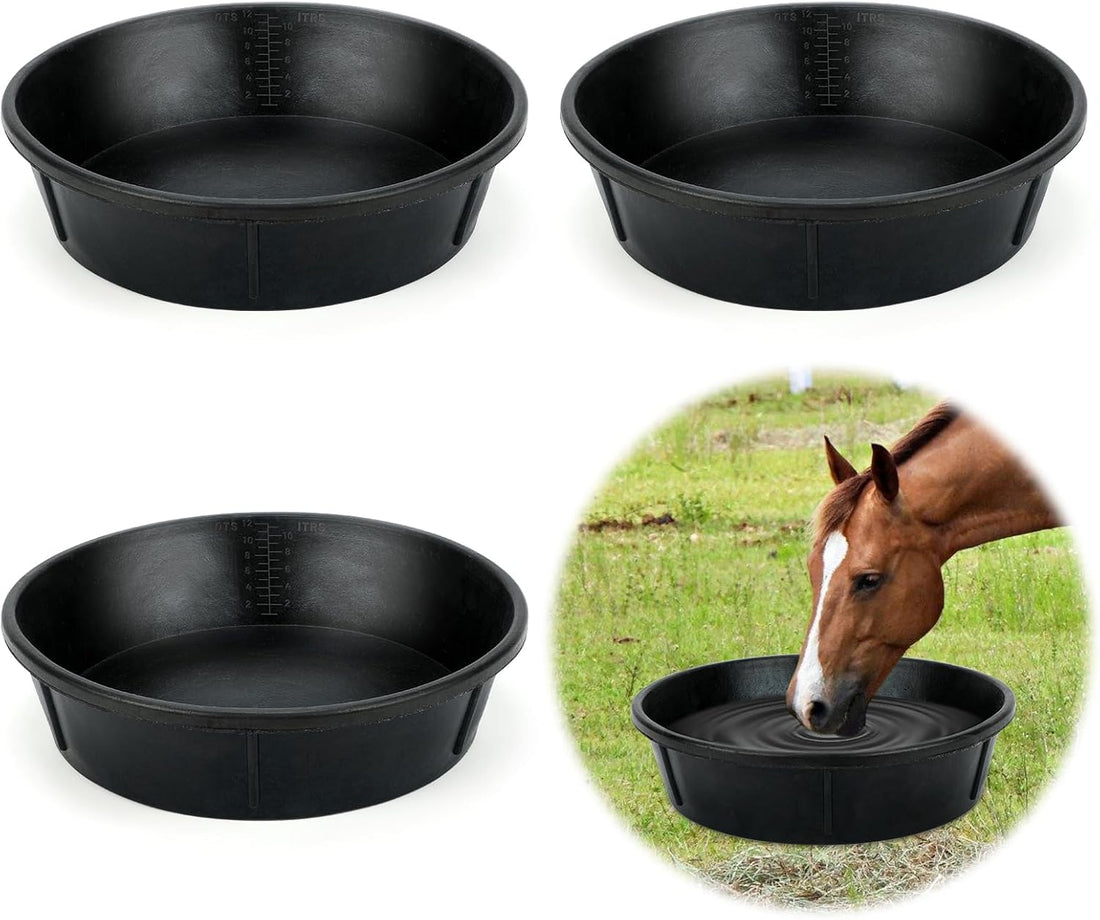 3Pcs Heavy Duty Rubber Feed Pan, 12Q/3Gal Horse Feed Bucket