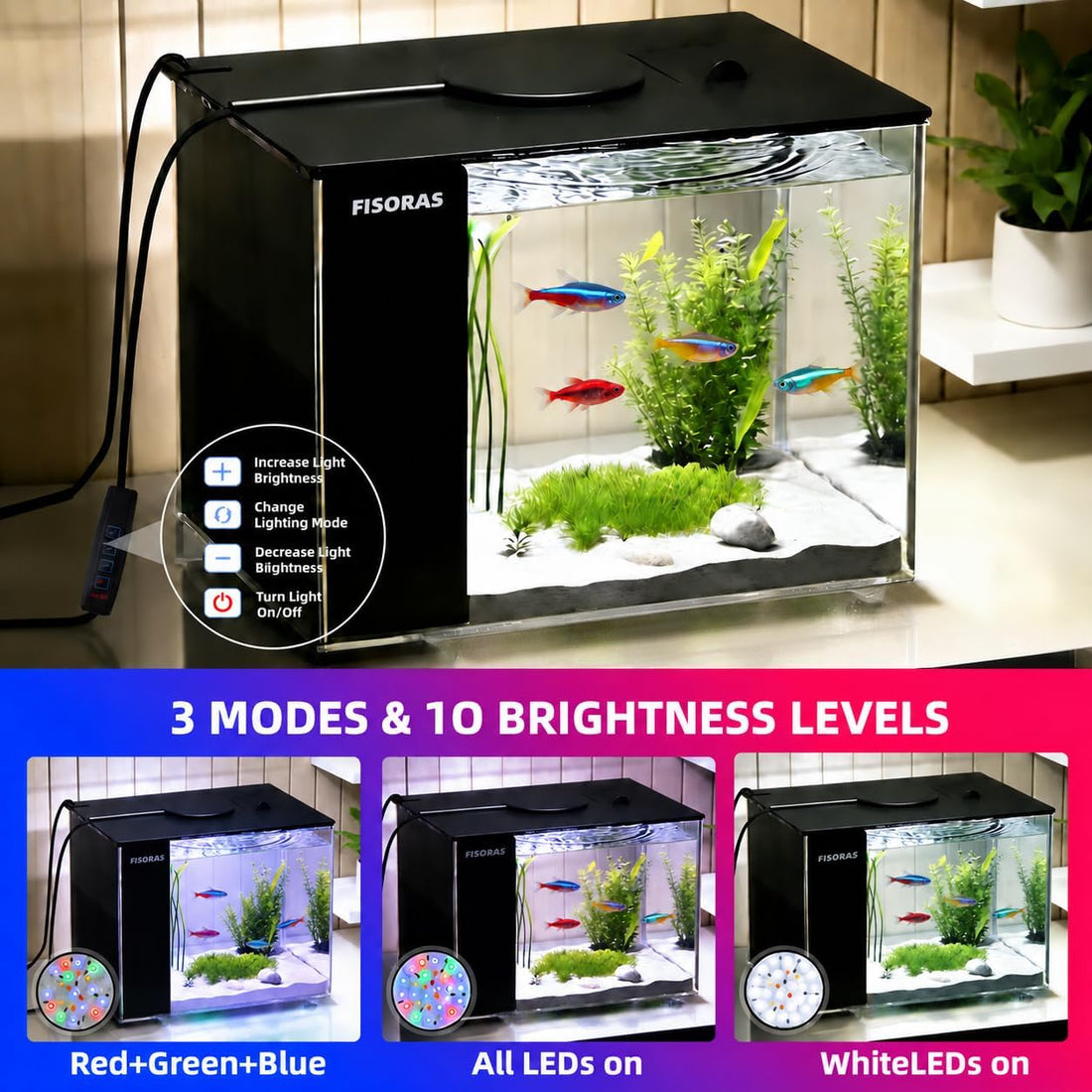 1Gal (3.7L) Small Aquarium Kit with Water Filter Pump and LED Light