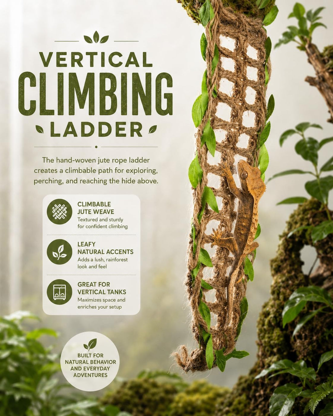 Crested Gecko Hide, Hanging Moss-Style Reptile Hideout with Rope