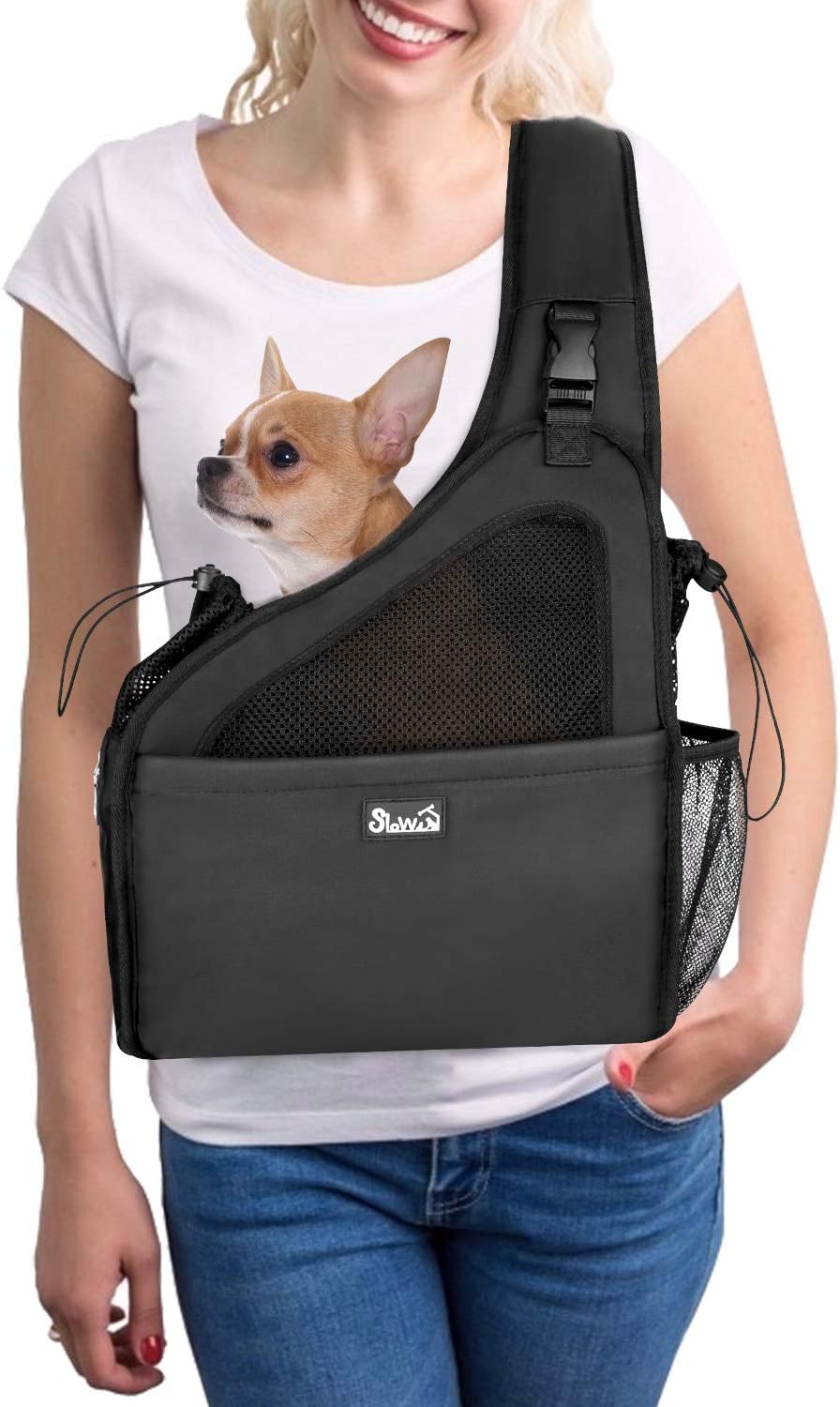 SlowTon Dog Sling Carrier, Hands Free Hard Bottom for Small Dogs up