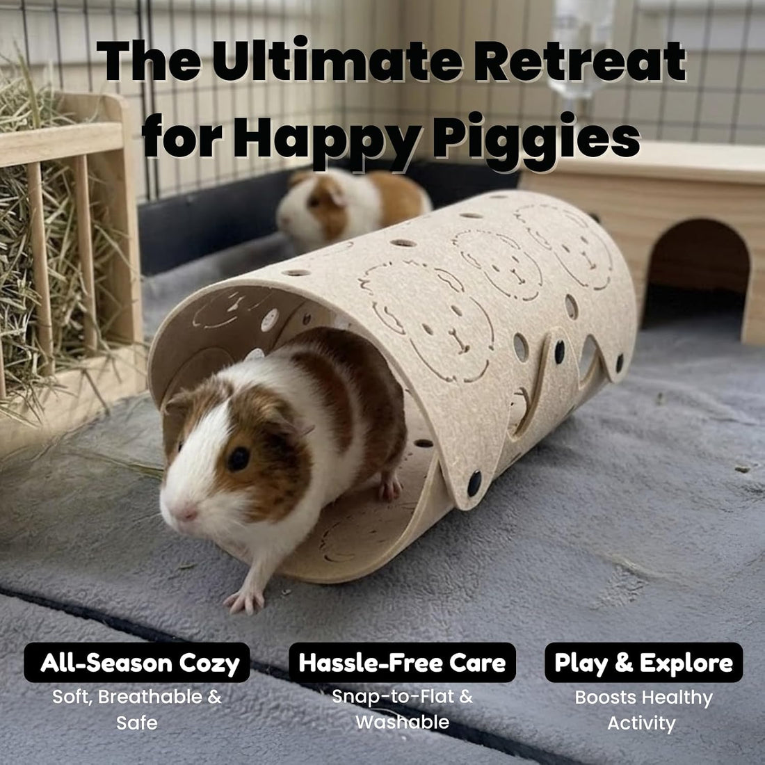 Guinea Pig Tunnel, Washable Felt Hideout, Cavyhead Design,Beige