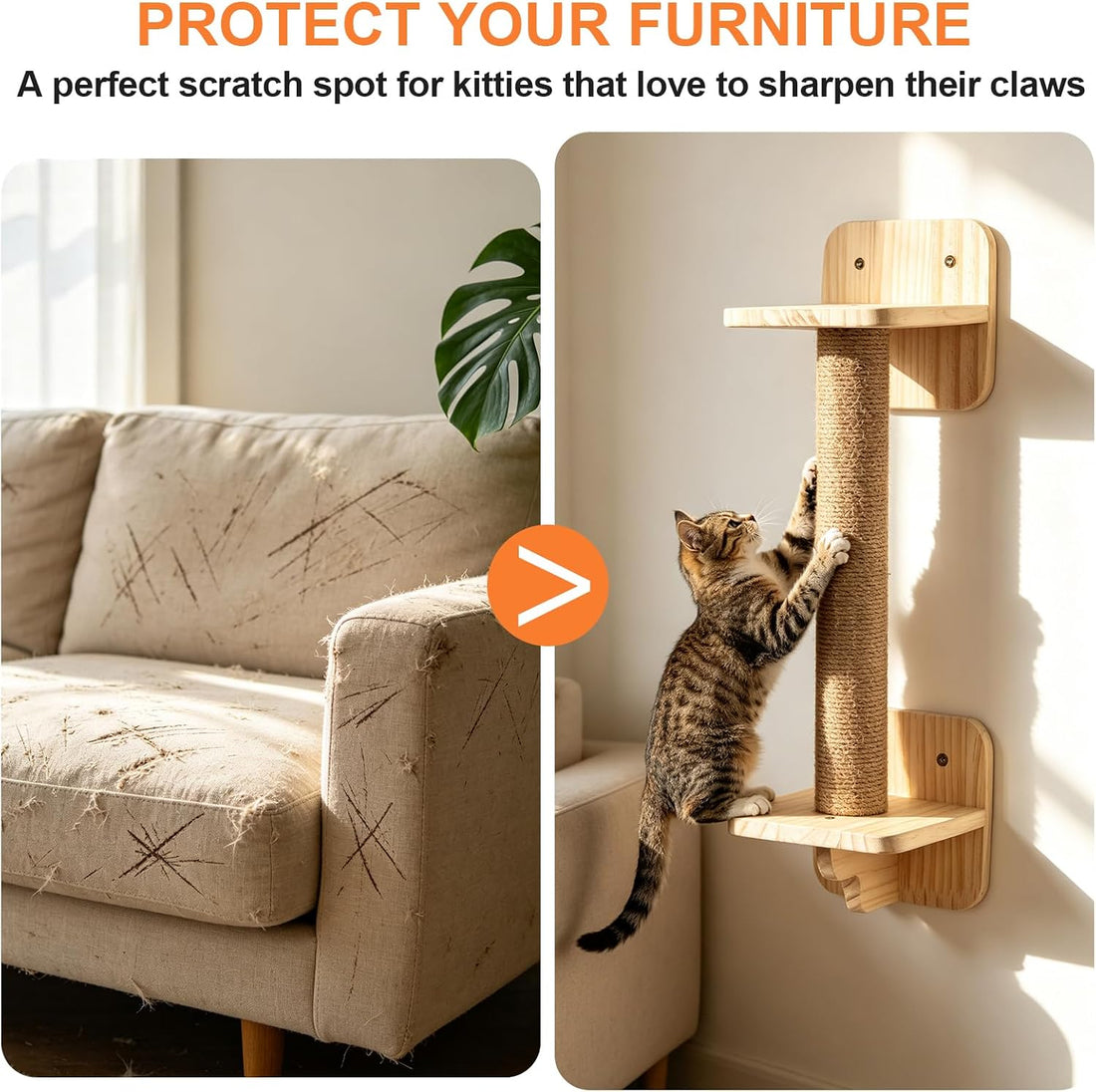 Cat Wall Shelves, Wood Cat Wall Furniture with Scratching Post