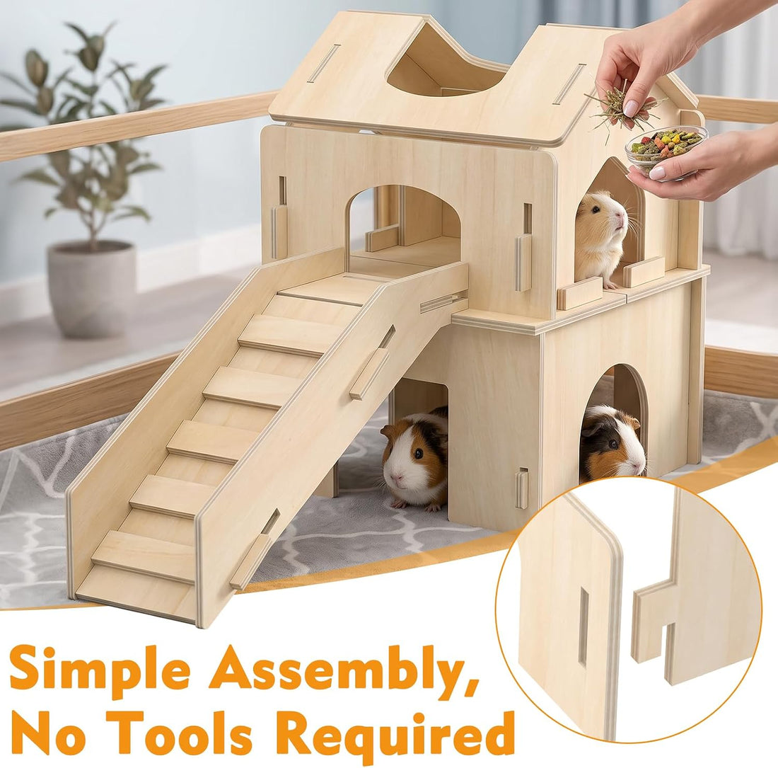 XiaZ Guinea Pig Hideout, Large Wooden Guinea Pig Castle with Stair