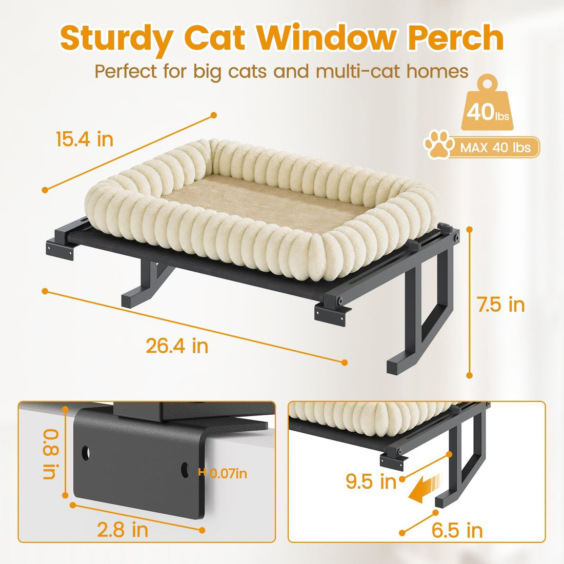Cat Window Perch, 24" Large Hammock for Inside Sill, Dual-Mount