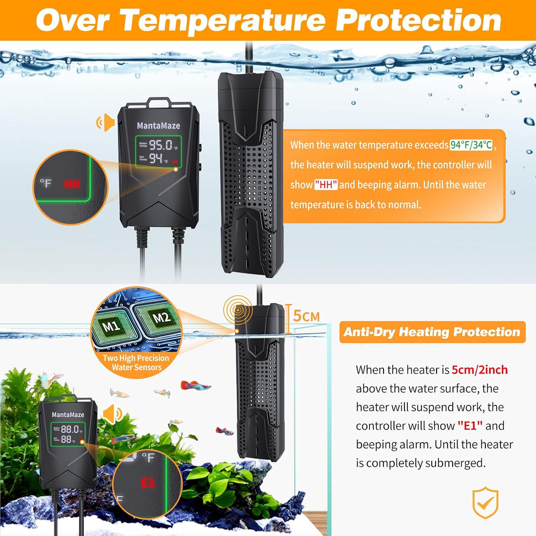 Submersible Aquarium Heater,300W/500W/800W/1000W Fish Tank Heater