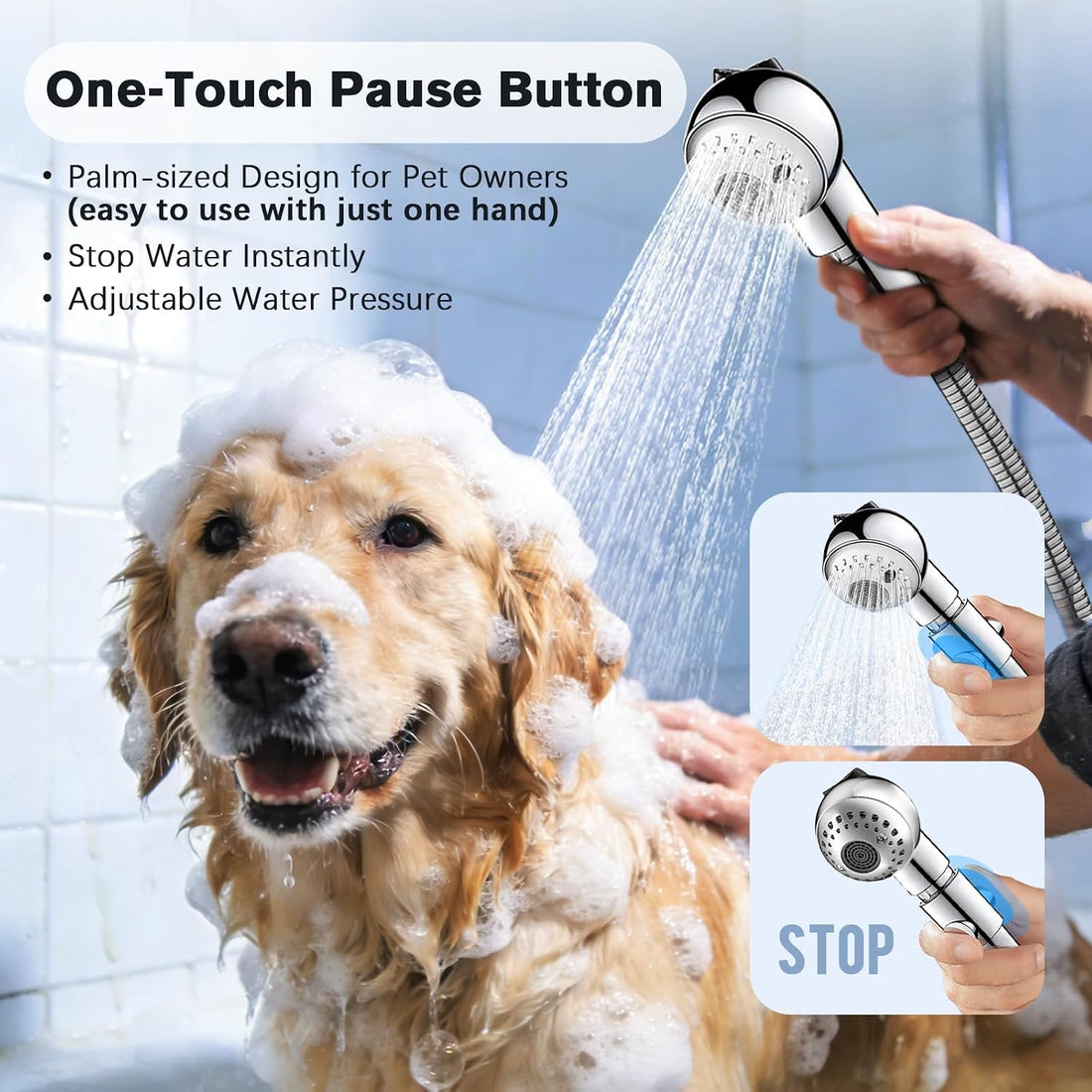Quiet Dog Shower Attachment with One-Button Pause