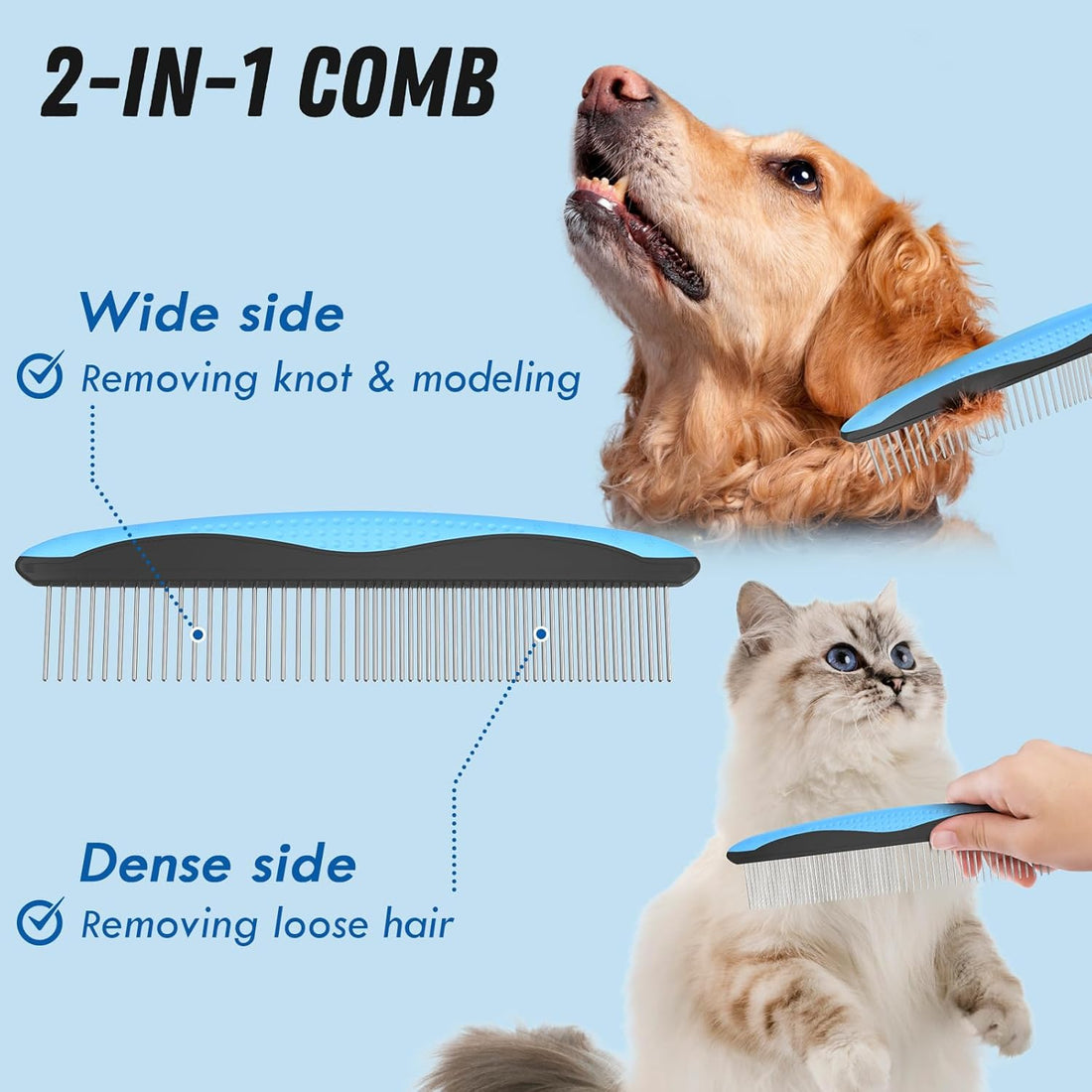 Docrok Pet Grooming Combo - Blue Deshedding Brush with Metal Comb
