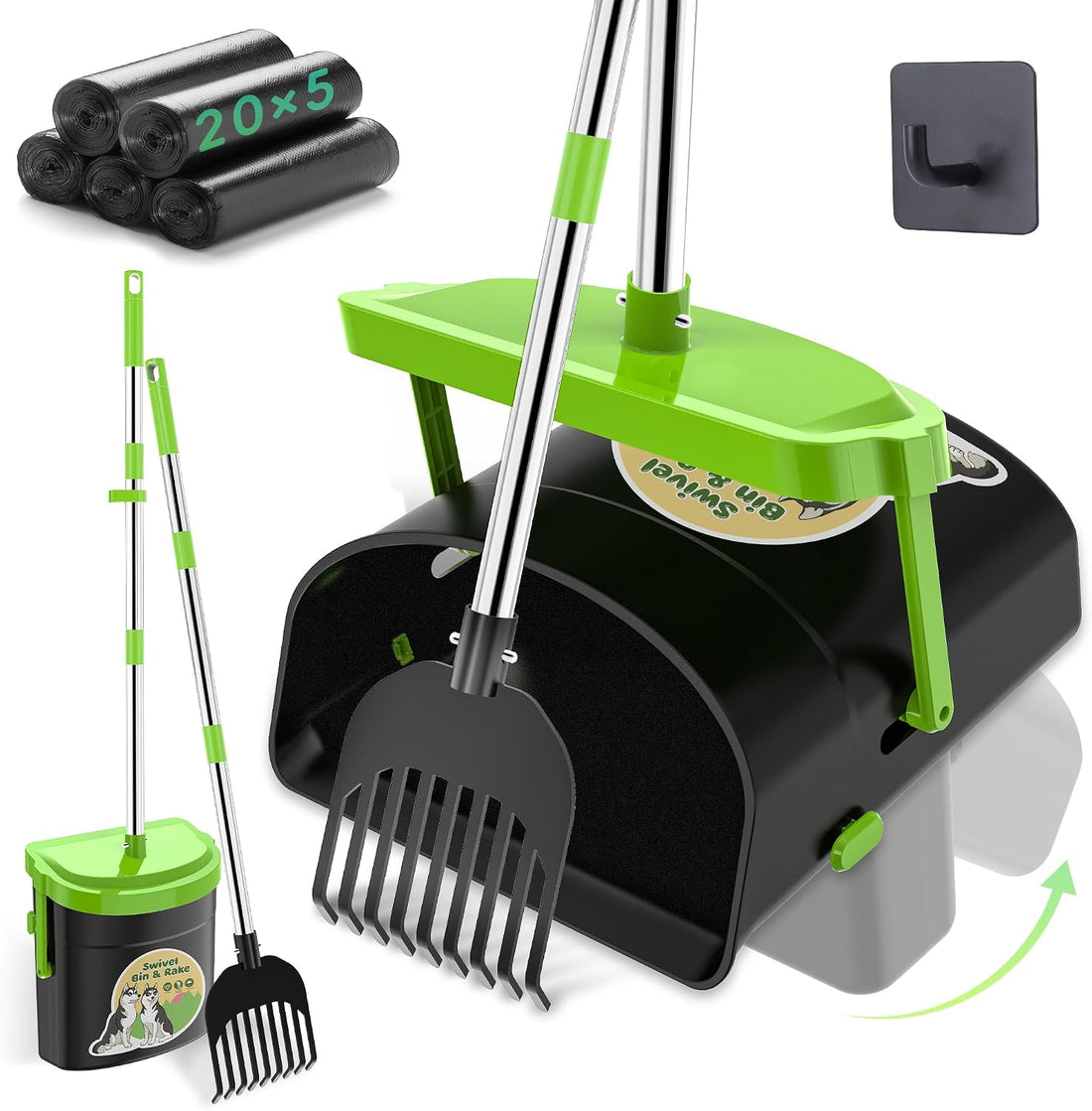UPSKY 33.4" Dog Pooper Scooper Swivel Bin & Rake Kit with 100 Waste
