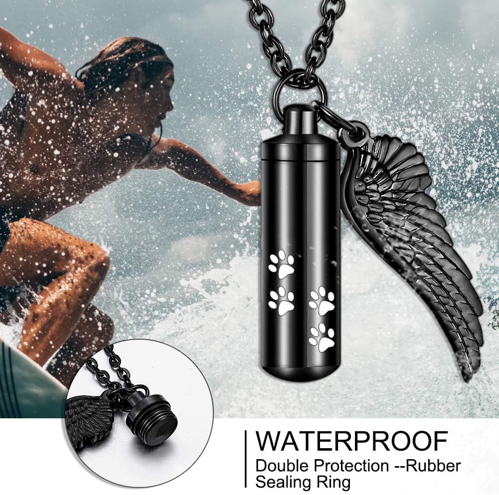 abooxiu Cylinder Cremation Necklace for Pet Ashes With Angel Wing Paw