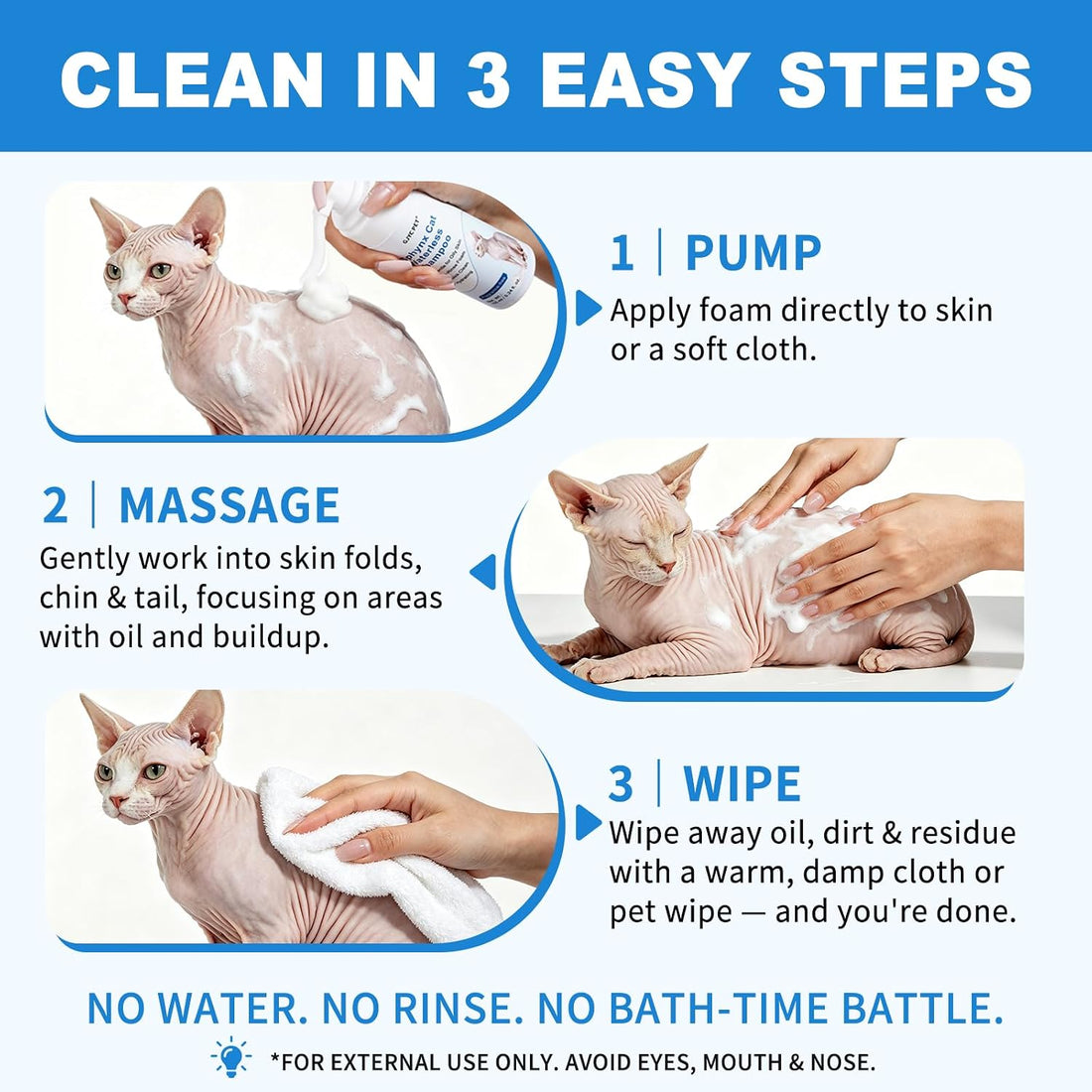 Sphynx Cat Waterless Shampoo, No-Rinse Foam for Oily Skin