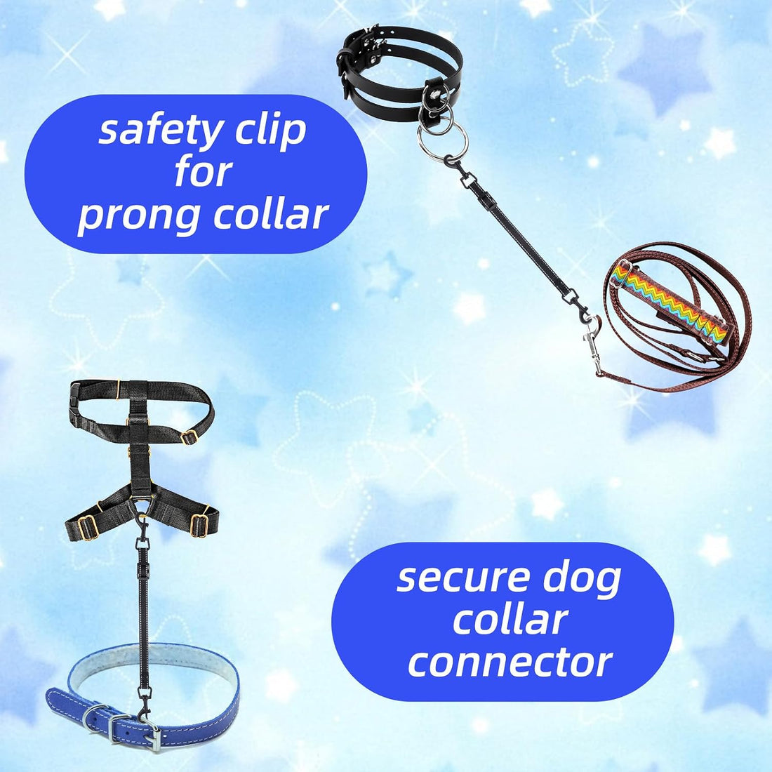 2pcs Reflective Nylon Dog Collar Clips, Double-Ended Backup