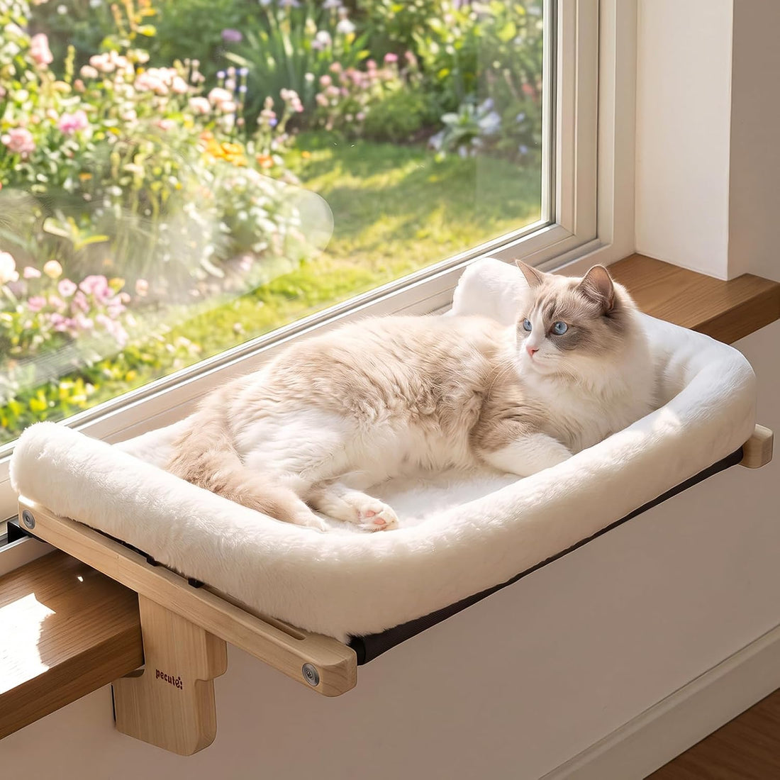 Pecute Cat Windowsill Perch, Cloud-Soft Cat Bed with Wood Frame