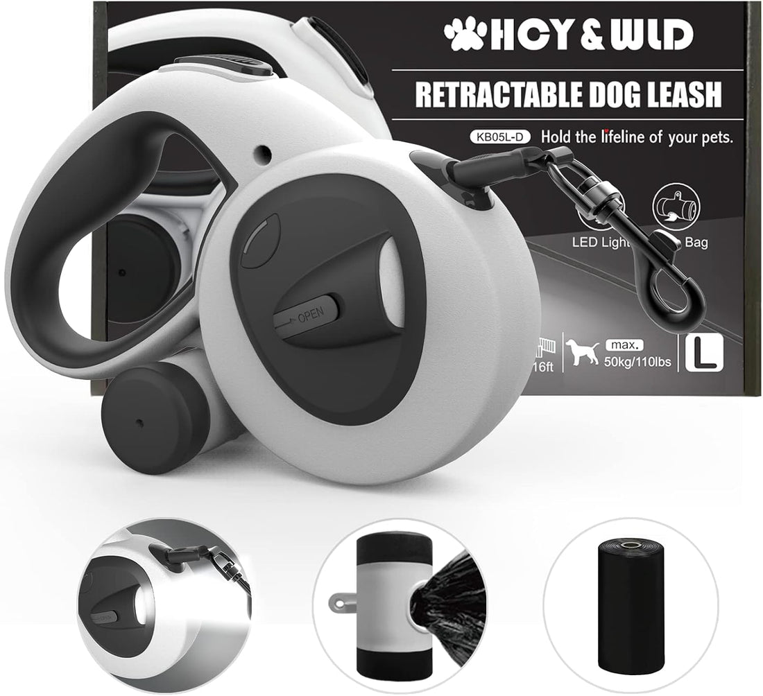 16 ft Retractable Dog Leash with Flashlight & Poop Bag Dispenser