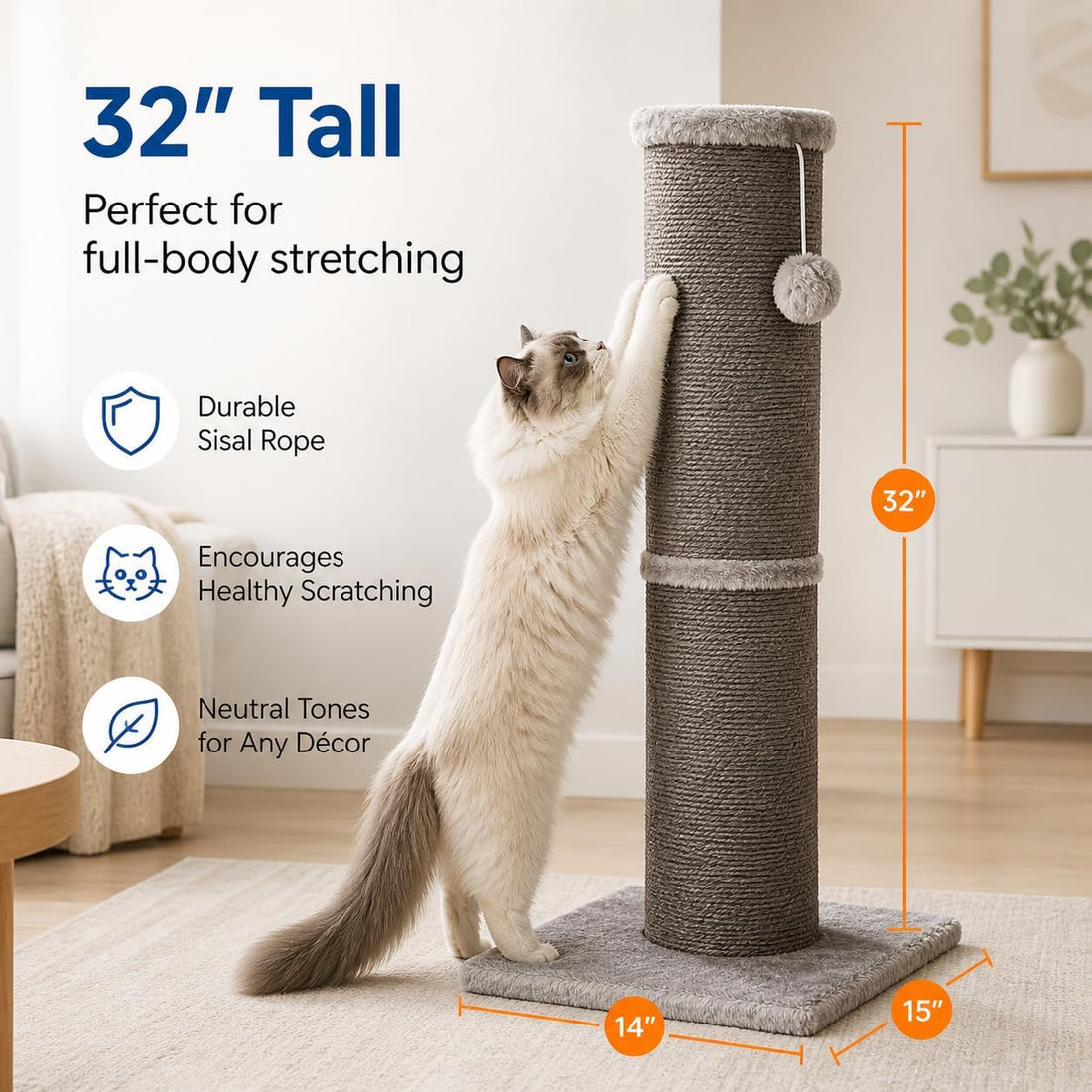 Cat Scratching Post with 5.5 Inch Diameter Sisal Post, 32 Inch