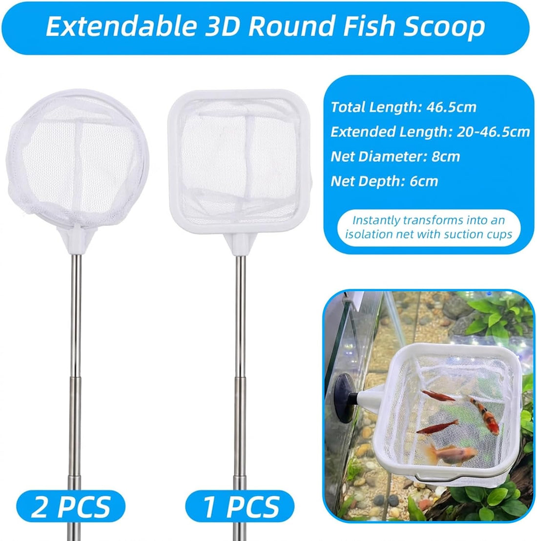 3PCS Aquarium Shrimp Net with Long Extendable Stainless Steel Handle