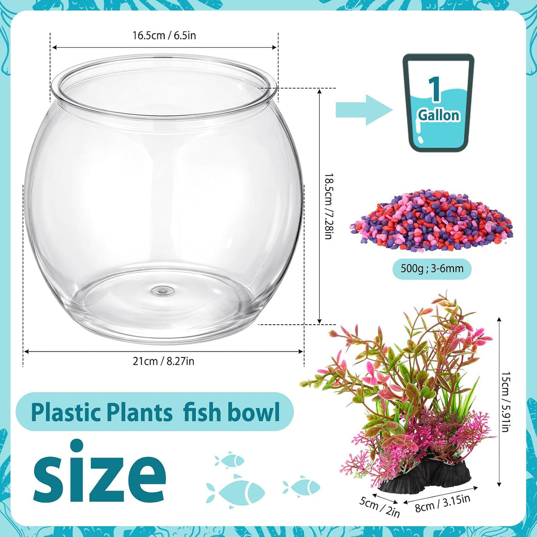 1 Gallon Plastic Fish Bowl,Red,Red Aquatic Plant