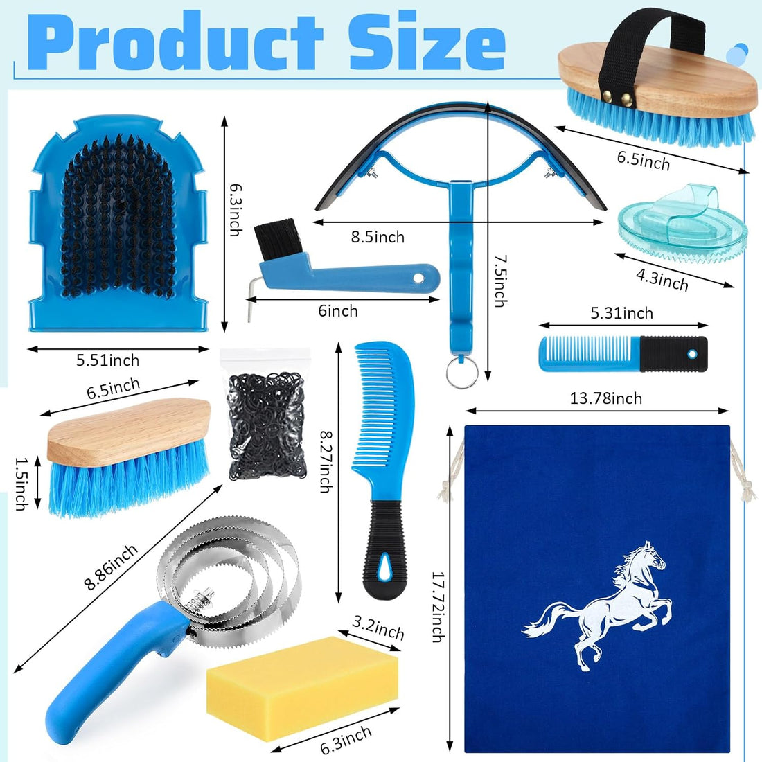 Abbylike 12 Pieces Horse Grooming Kit Equine Care Brushes,Blue