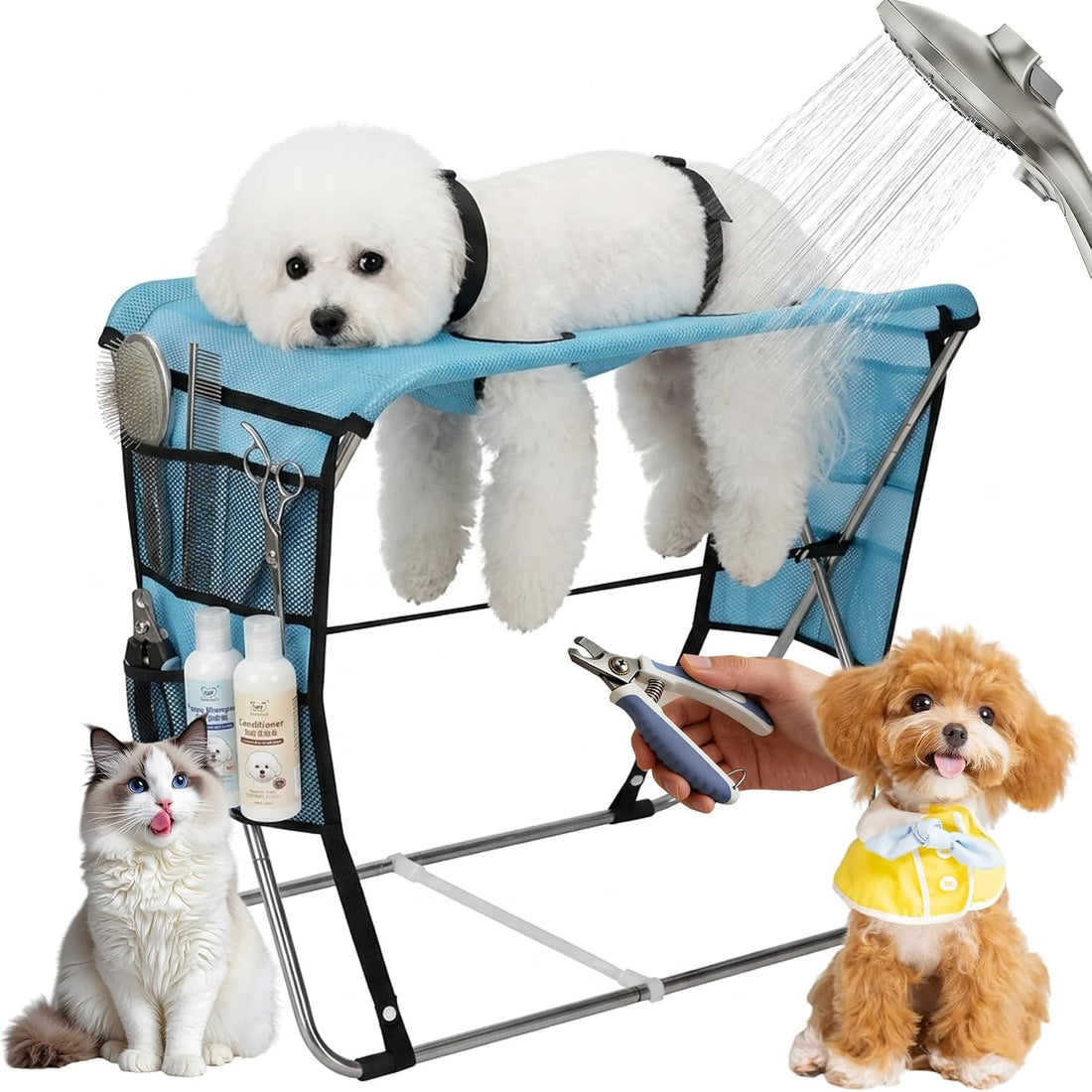 Foldable Dog Grooming Hammock with Stand for Small Dogs & Cats