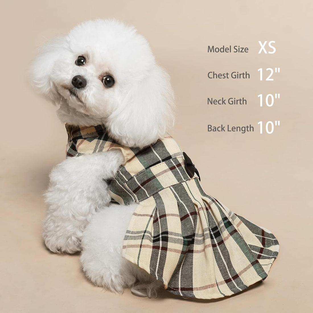 PUPTECK Classic Beige Plaid Dog Dress with Bow Puppy Skirt Clothes M