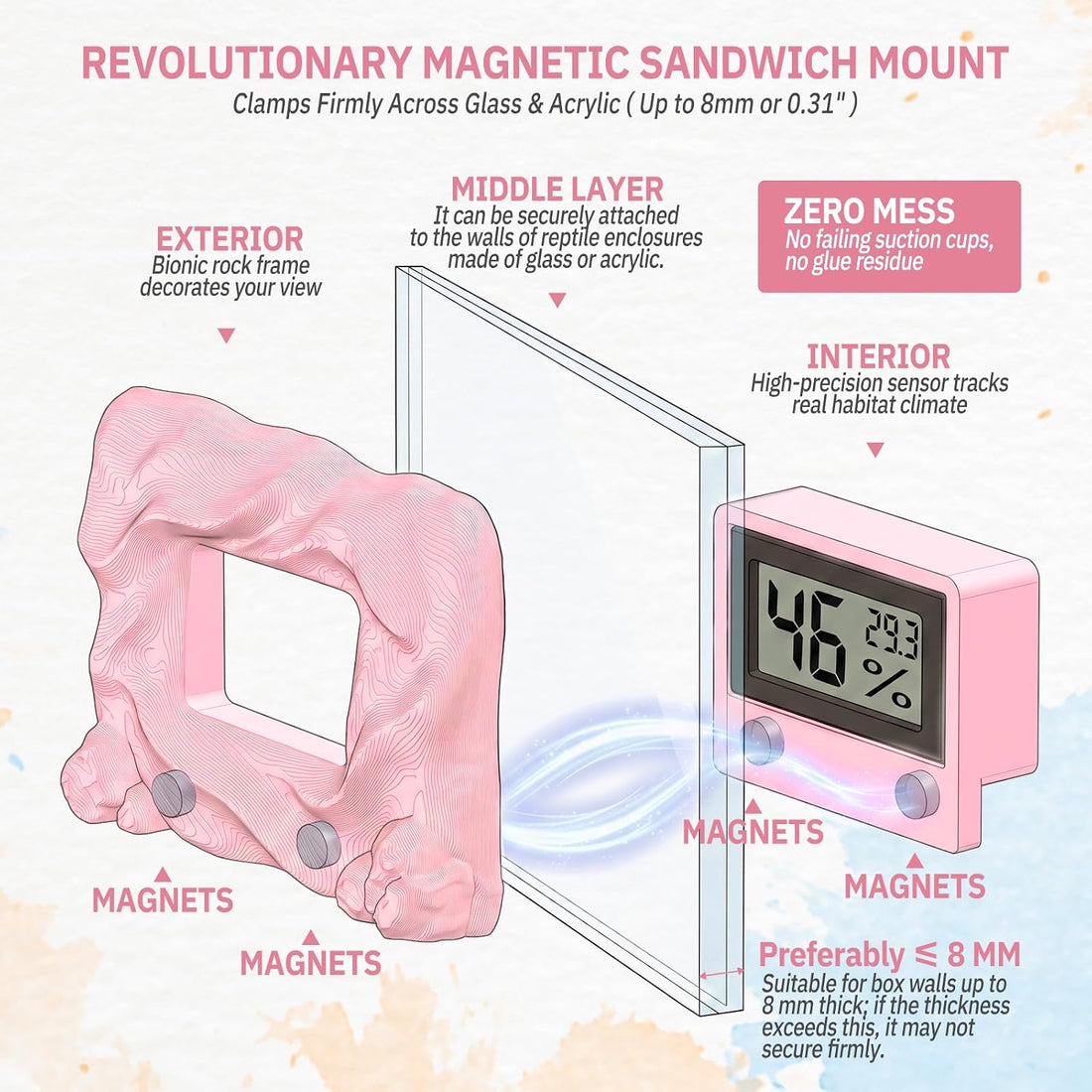 Magnetic Reptile Thermometer and Humidity Gauge, Pink