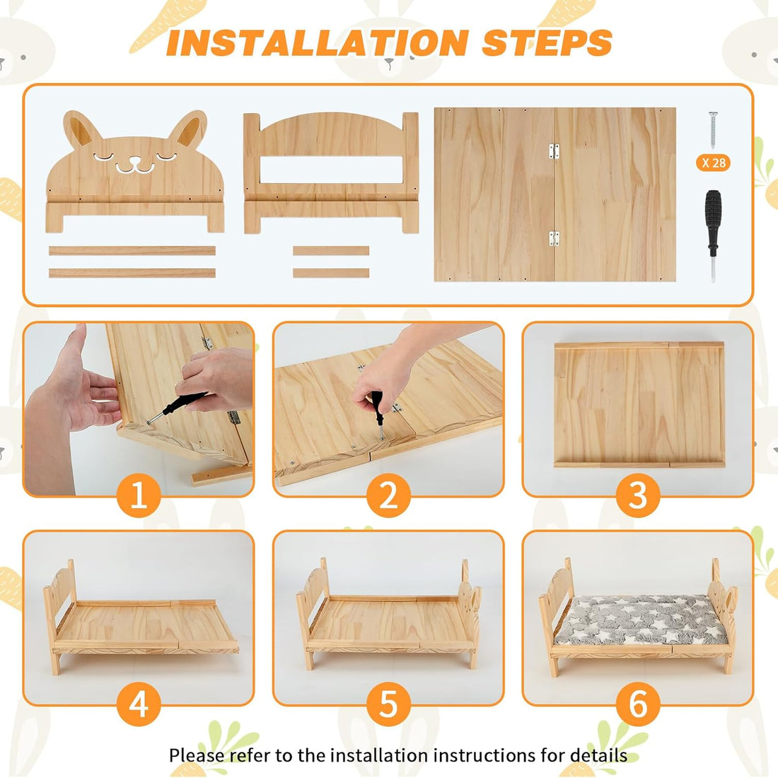 Large Wooden Rabbit Bed, 2-in-1 Bunny Bed with Gray Star Mat