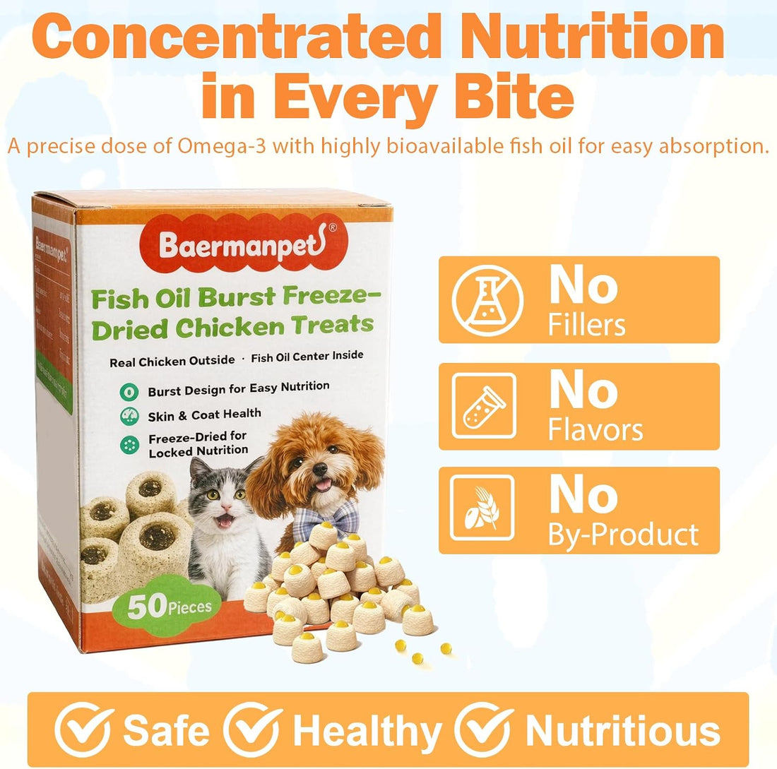 Freeze-Dried Chicken Cat Treats with Omega-3 Fish Oil Capsules