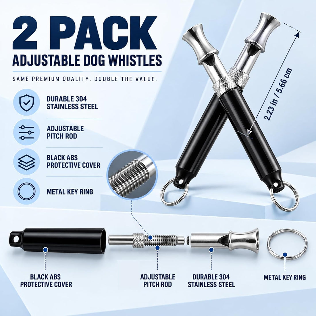 Adjustable Dog Whistle to Stop Barking, 2 Pack, Black