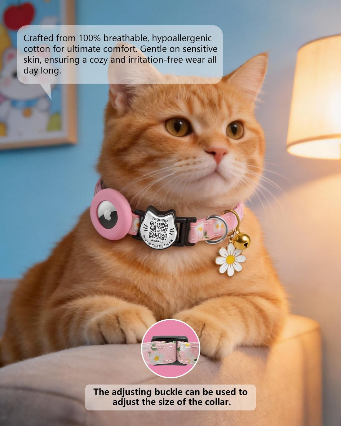 Flowers Pendant Cute Cat Collar with AirTag Holder,QR Code ID Tag
