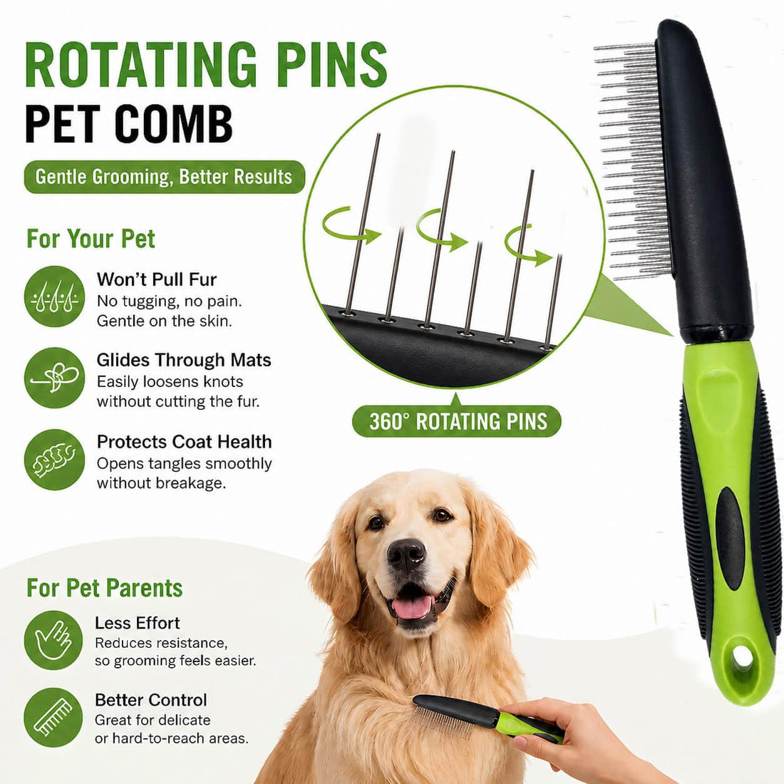 Dog Comb for Shedding & Dematting, Rotating Pins, Undercoat
