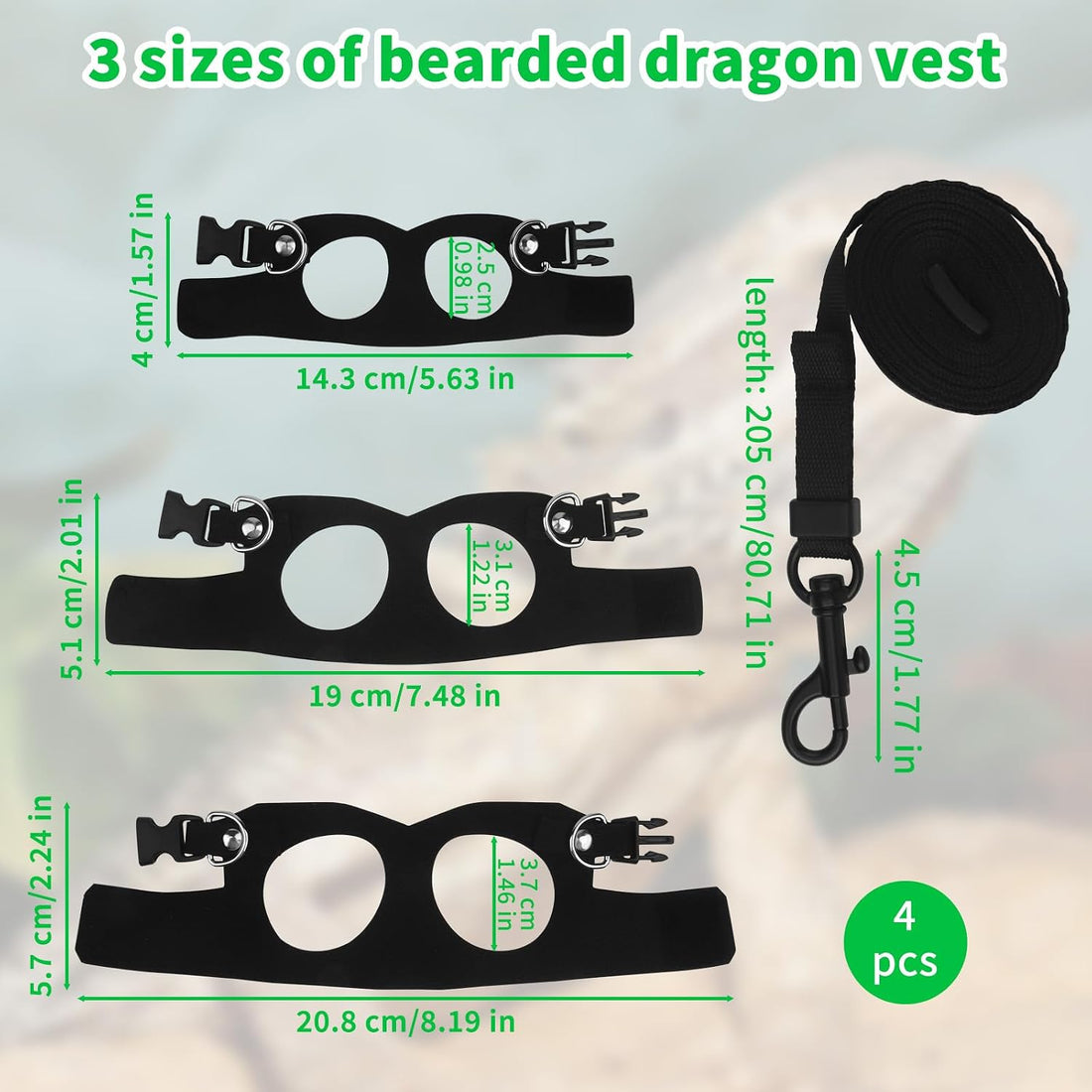 3Size Black Bearded Dragon Leash and Harness Set with Lizard Traction