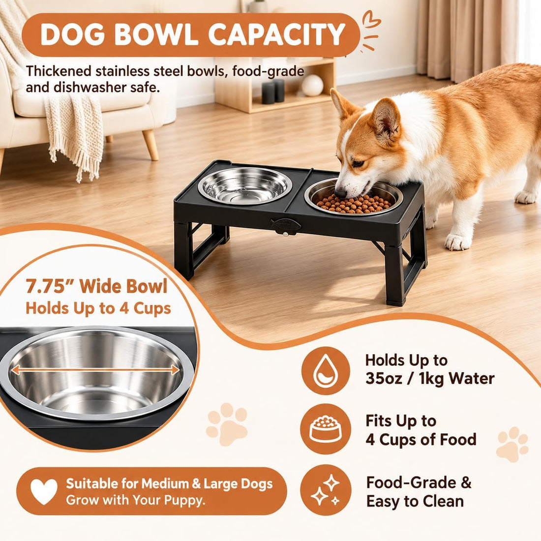 Black Elevated Dog Bowls Large Raised Dogs Bowl Stand Large/Medium