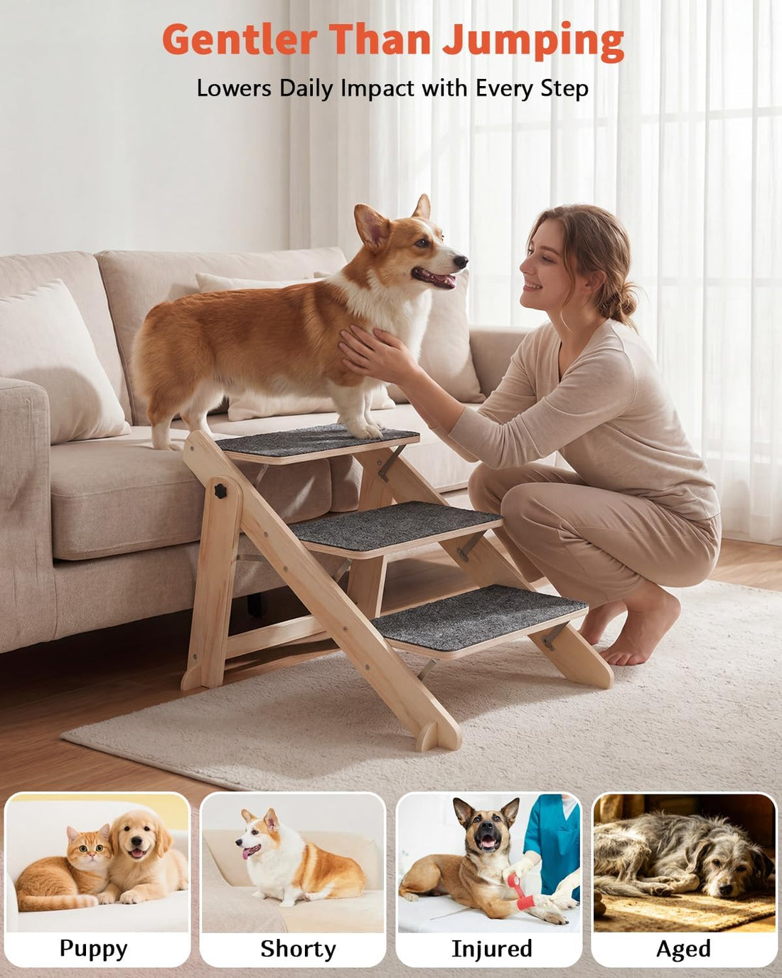 Woodure Foldable Dog Stairs, Convertible 3-Step Wooden Dog Ramp