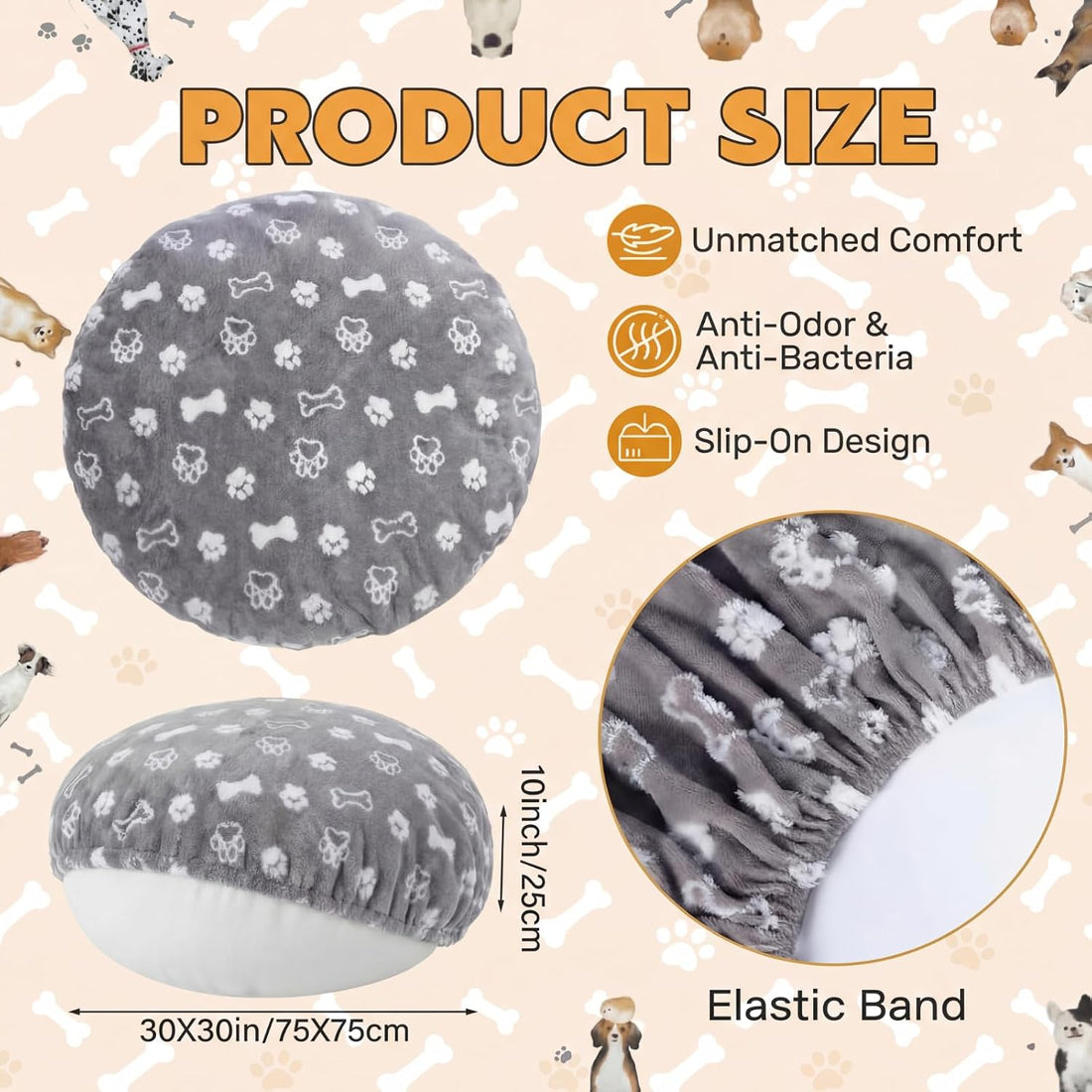 Oudain Washable Round Dog Bed Cover 30 x 30 x 10 Gray Paw Bone Prints