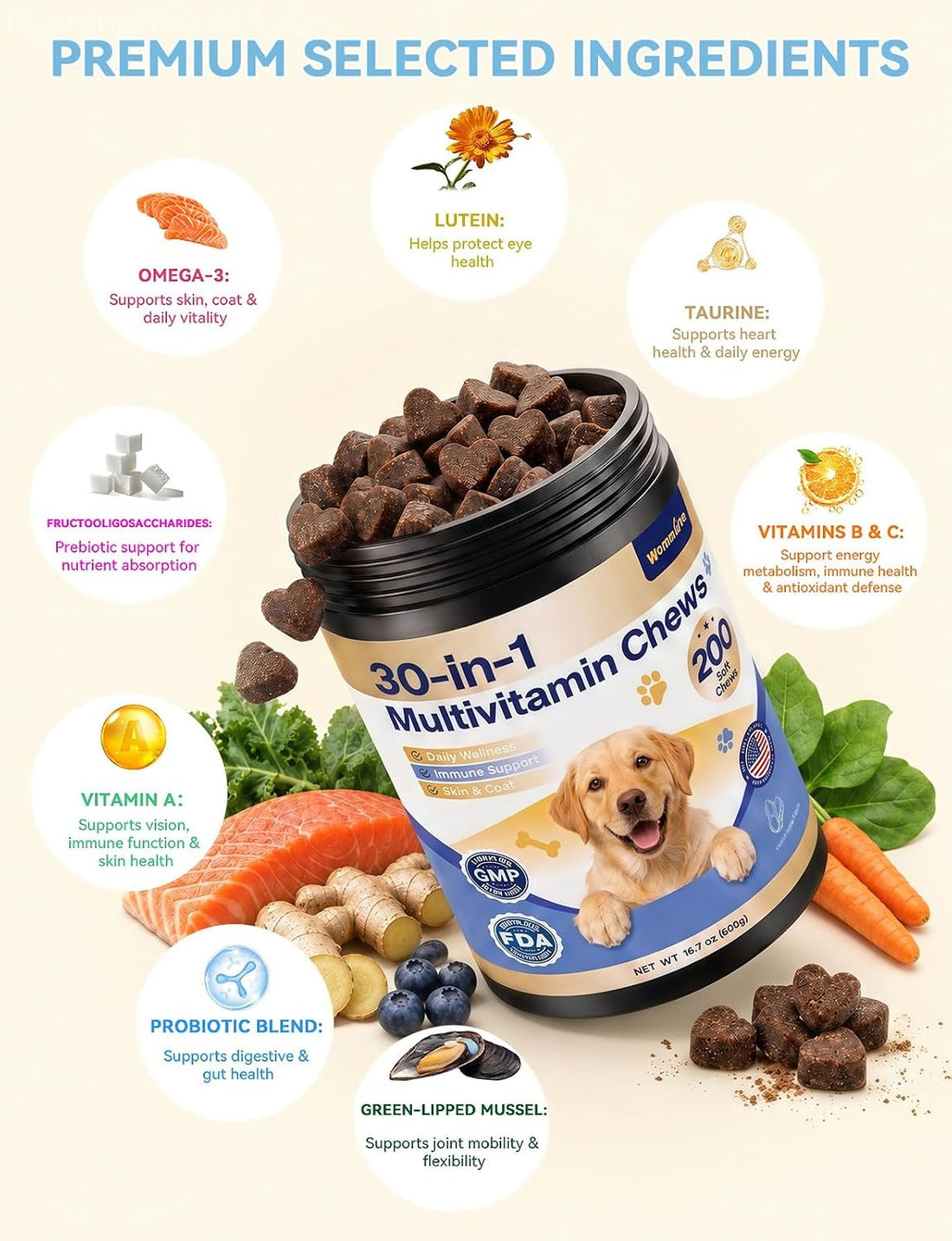 30-in-1 Dog Vitamins and Supplements, Peanut Butter 200ct
